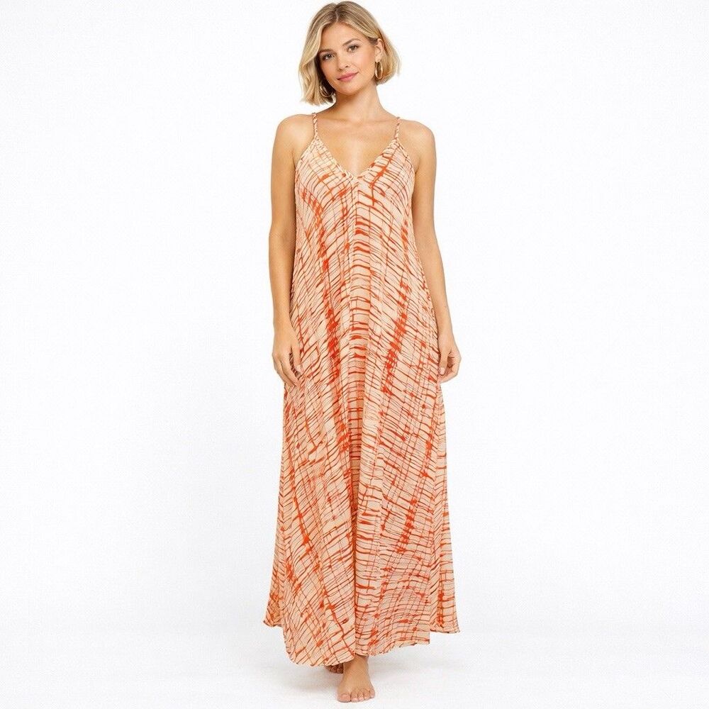 Tolani Dress S Silk Maxi Womens Red Ivory Boho Resort Wear Cruise Sheer Vacation